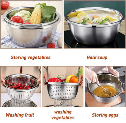 Logo personalizzato Serbatoio da cucina versatile in acciaio inossidabile 304 Microporous Colander Rice Washing Bowl Set 550g