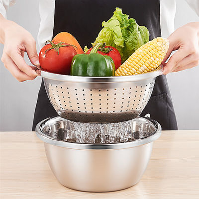 Logo personalizzato Serbatoio da cucina versatile in acciaio inossidabile 304 Microporous Colander Rice Washing Bowl Set 550g