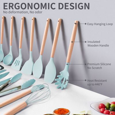 Manico in legno, utensili da cucina in silicone, 19 pezzi, set con secchio per la tavola da taglio