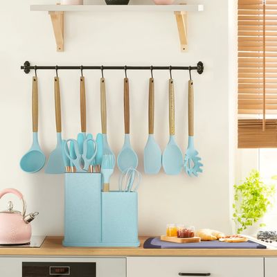 Manico in legno, utensili da cucina in silicone, 19 pezzi, set con secchio per la tavola da taglio