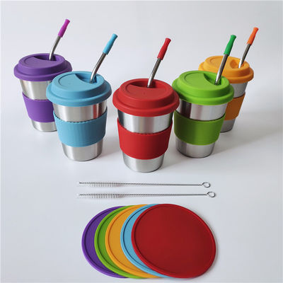 1 pezzo 12oz Coppe di latte in acciaio inossidabile per bambini con coperchi e cannucce colorate in silicone
