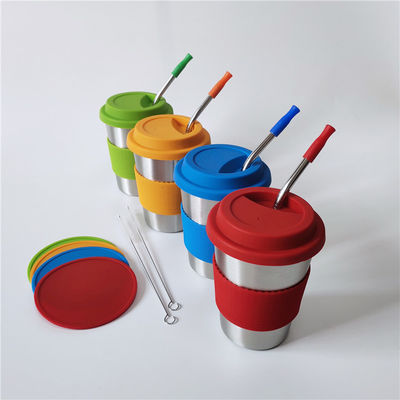 1 pezzo 12oz Coppe di latte in acciaio inossidabile per bambini con coperchi e cannucce colorate in silicone