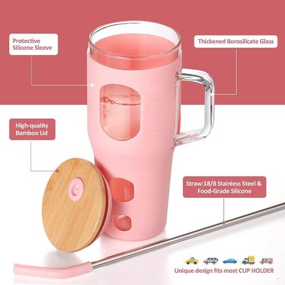 Logo personalizzato Tumbler in vetro riutilizzabile da 32 oz con maniglia a coperchio di bambù e manica in silicone