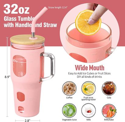 Logo personalizzato Tumbler in vetro riutilizzabile da 32 oz con maniglia a coperchio di bambù e manica in silicone