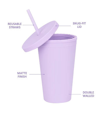 Tazze di plastica a doppia parete color acrilico nero matt con coperchio e paglia