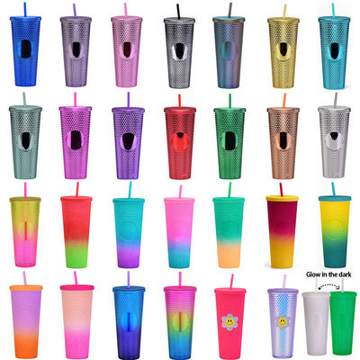 16oz 24oz tazza di caffè doppia parete di plastica iridescente tazze mate Tumbler con paglia