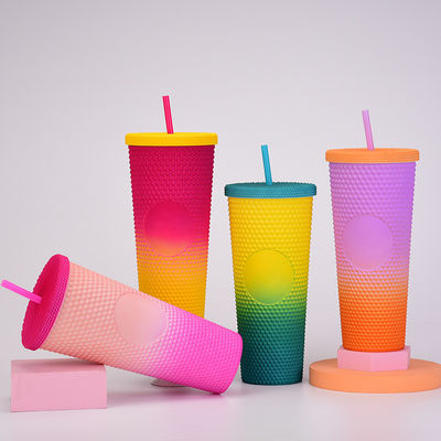 16oz 24oz tazza di caffè doppia parete di plastica iridescente tazze mate Tumbler con paglia