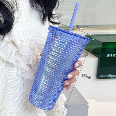 16oz 24oz tazza di caffè doppia parete di plastica iridescente tazze mate Tumbler con paglia