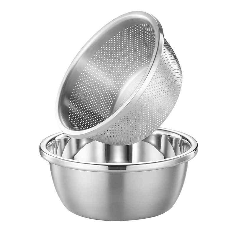 Logo personalizzato Serbatoio da cucina versatile in acciaio inossidabile 304 Microporous Colander Rice Washing Bowl Set 550g