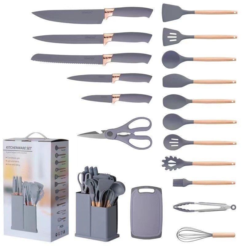 Manico in legno, utensili da cucina in silicone, 19 pezzi, set con secchio per la tavola da taglio